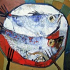 Fishes on plate, Oil on Canvas 50x50cm, 2007